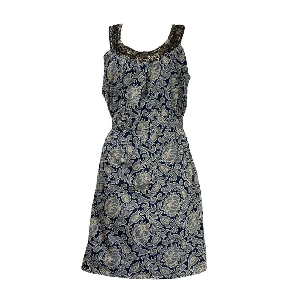 LOFT Blue Paisley Cotton Embellished sequin Sleeveless Shift Dress Size 2P New